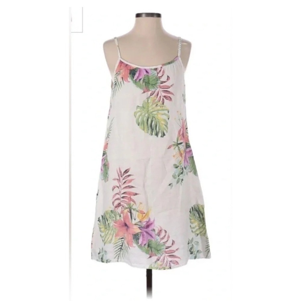 Lungo L'Arno Italy Linen Tropical Floral Shift Dress White Pink Green Small NWT‎
